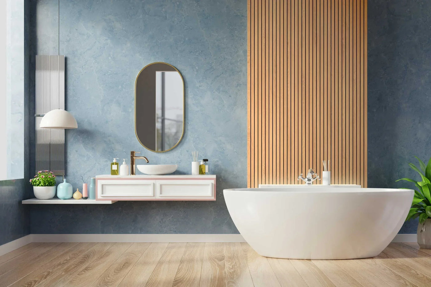 Modern bathroom with wooden lamellen wall panel, freestanding tub, and blue textured walls
