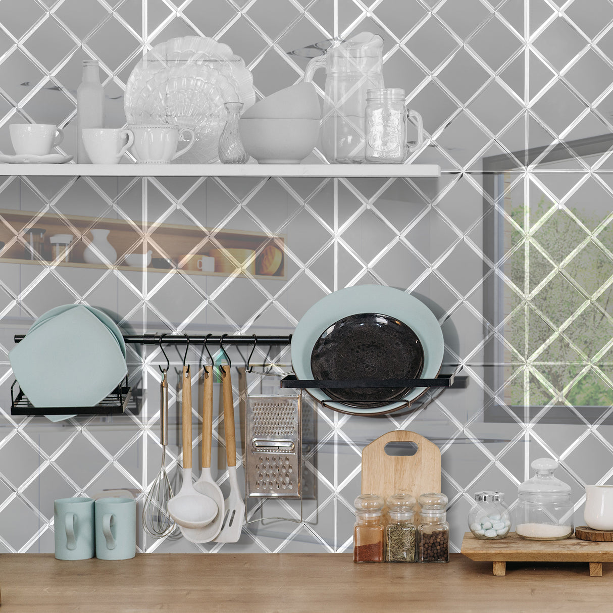 3D Geometric Mirror | Zelfklevende Steenstrips van Totaal Decor