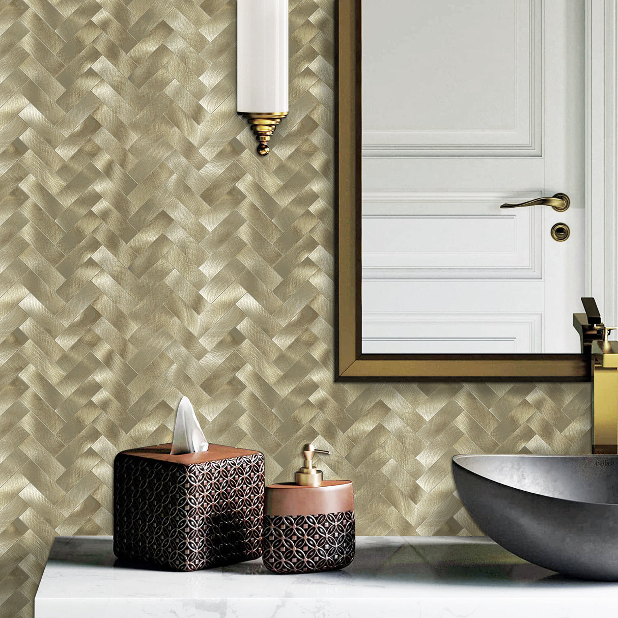 Golden Herringbone | Zelfklevende Steenstrips van Totaal Decor