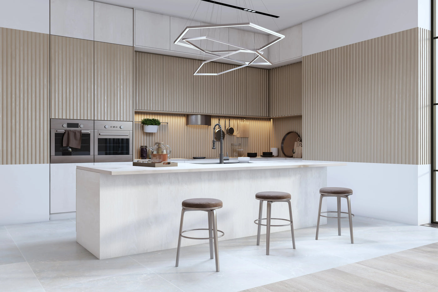 Modern kitchen with beige acoustic wood lamellen wall panels, white island, and bar stools